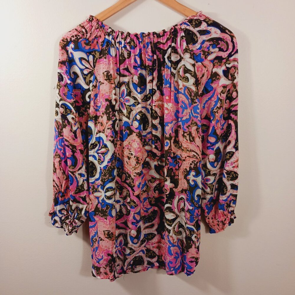 Talbots, Size X Top, Beautiful Multi-Color Print, Tie, Stretch Neck, 3/4 Sleeve - Picture 7 of 12